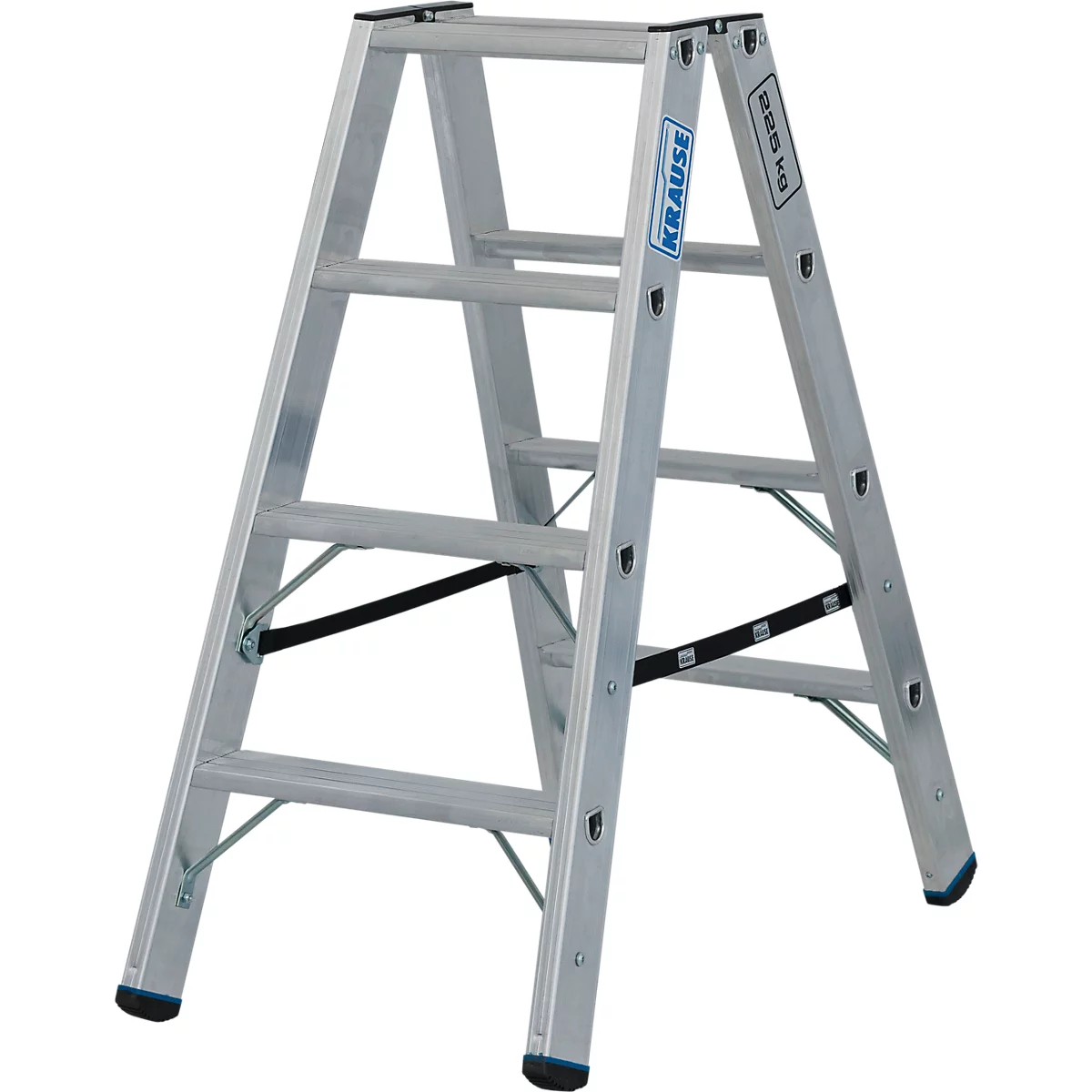 Aluminium-Stehleiter, silberfarben, mit blauen Akzenten, steht auf weißem Grund. Auf der Leiter sind das Logo "KRAUSE" und Angaben zur Belastbarkeit angegeben.