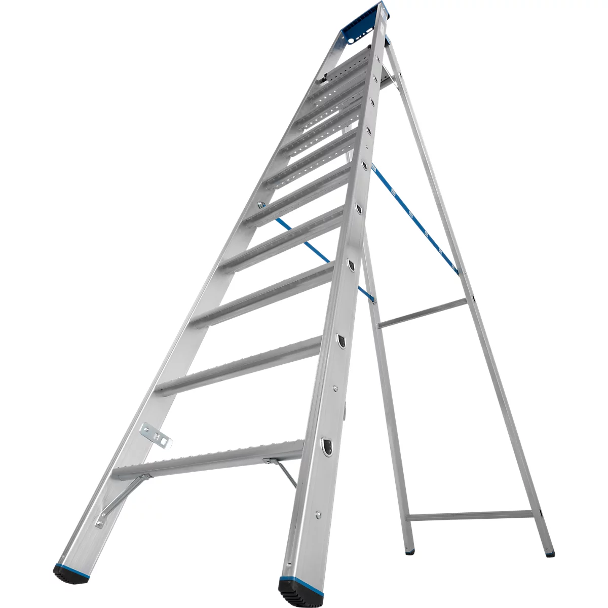 Een zilveren ladder staat op een witte achtergrond. Blauwe accenten op de uiteinden en stutten.