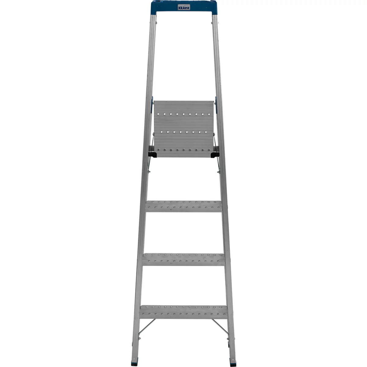 Grijze trap met blauwe handgreep. Meerdere treden en een platform.