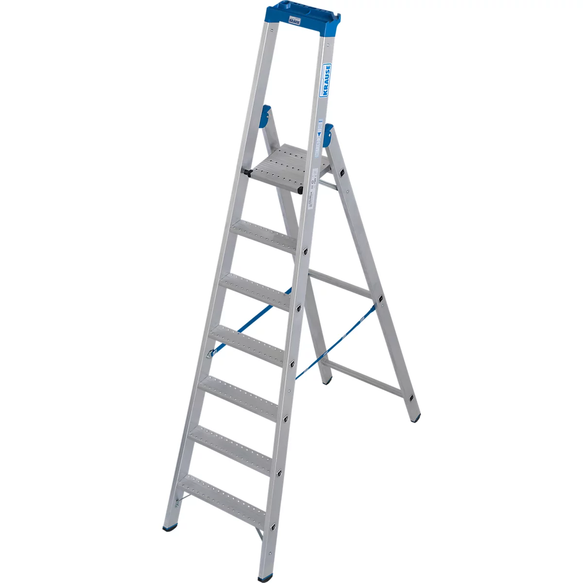 Aluminium huishoudtrap, blauw en zilver. Met 6 treden en een platform om op te staan.