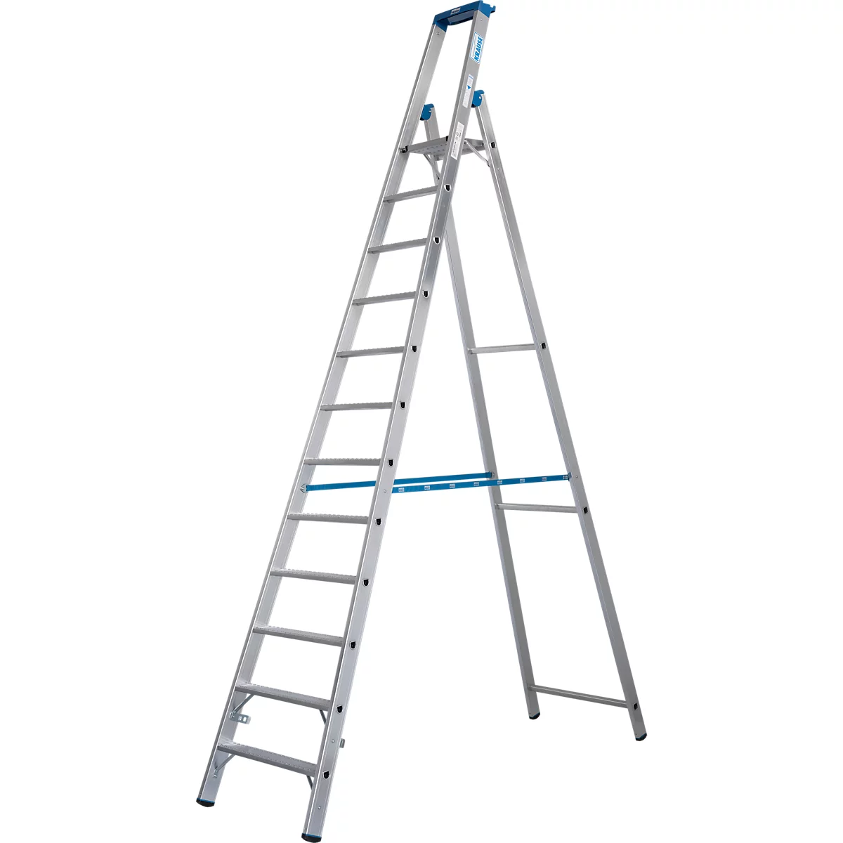 Zilveren trap, blauwe leuningen en bovenste sporten.