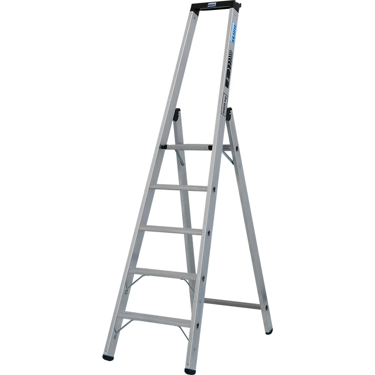 Zilveren trap met vijf treden, zwarte beugel en kunststof voetjes, tegen een witte achtergrond.