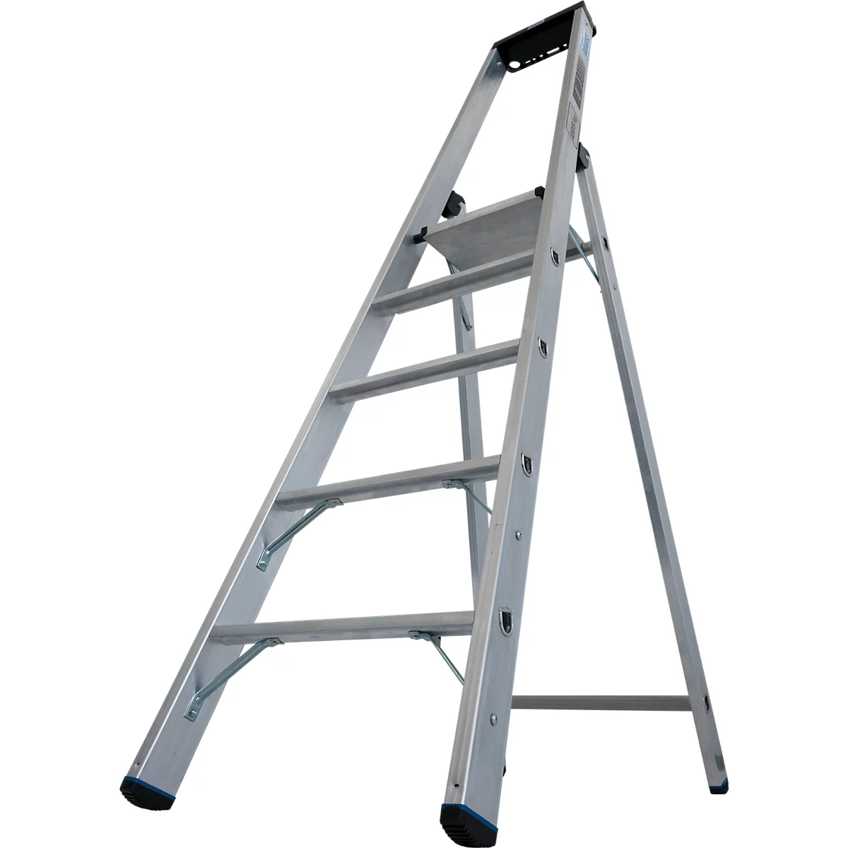 Aluminium vouwladder, vrijstaand, met 5 treden en een platform. Zwarte kunststof voetkappen en bovenste houder.