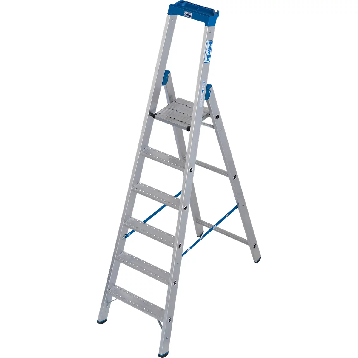 Een zilveren trap met blauwe accenten staat tegen een witte achtergrond. Bovenop is een blauwe steun met het opschrift "KRAUSE".