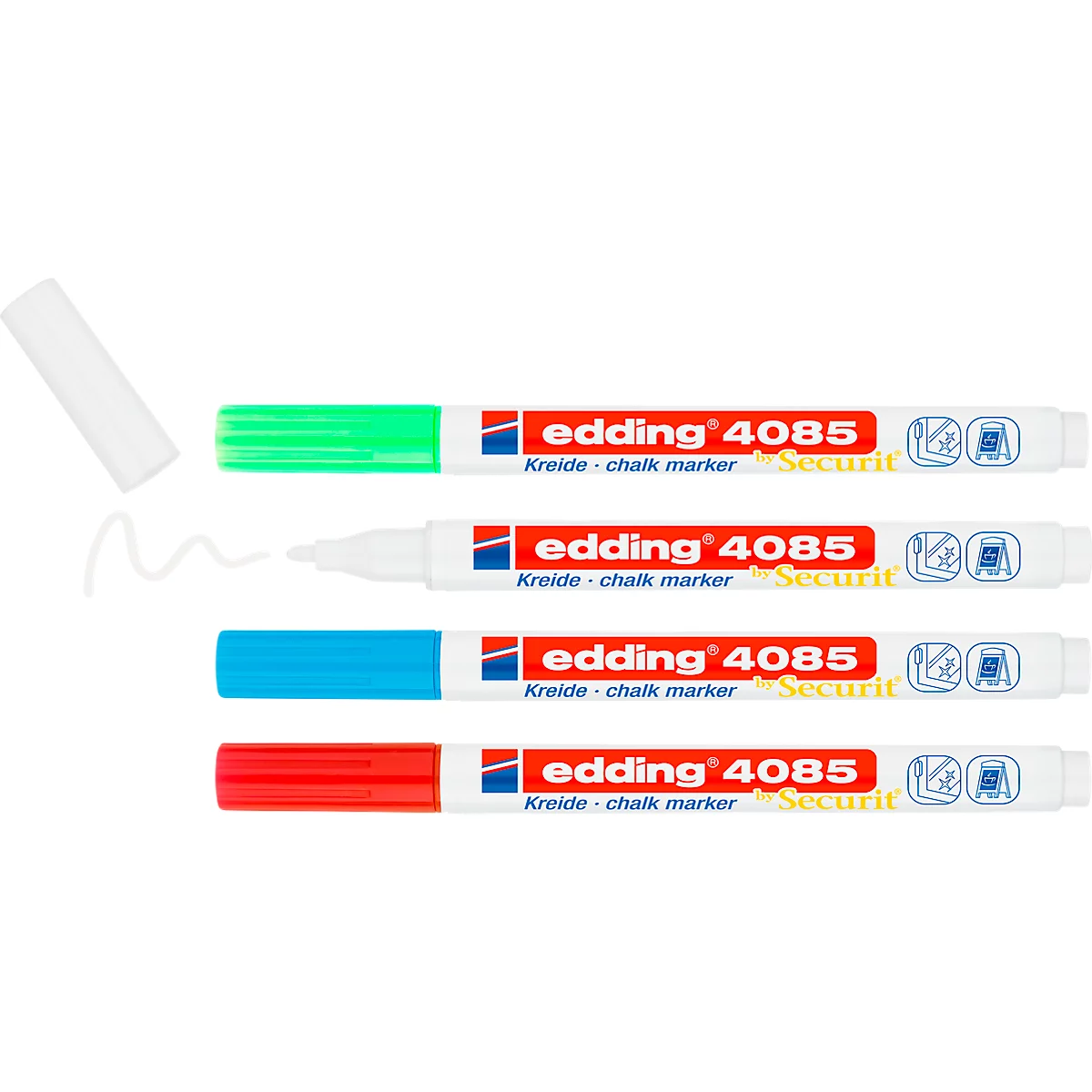 Kreidemarker Edding 4085, für glatte Oberflächen, Strichbreite 1-2 mm, Rundspitze, 4er Set, basic