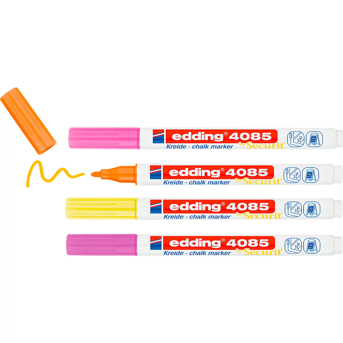 Kreidemarker Edding 4085, für glatte Oberflächen, Strichbreite 1-2 mm, Rundspitze, 4er Set, neon