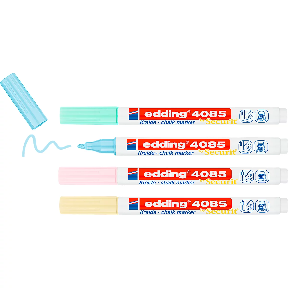 Kreidemarker Edding 4085, für glatte Oberflächen, Strichbreite 1-2 mm, Rundspitze, 4er Set, pastell