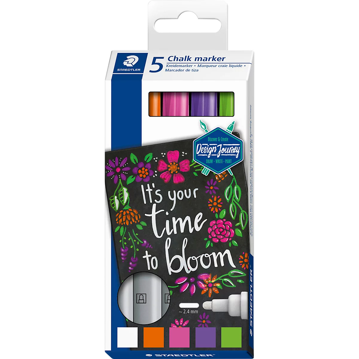 Kreidemarker STAEDTLER Lumocolor®, Rundspitze, Strichbreite 2,4 mm, für glatte Oberflächen, Flüssigkeit auf Wasserbasis, 5er-Set farbsoriert