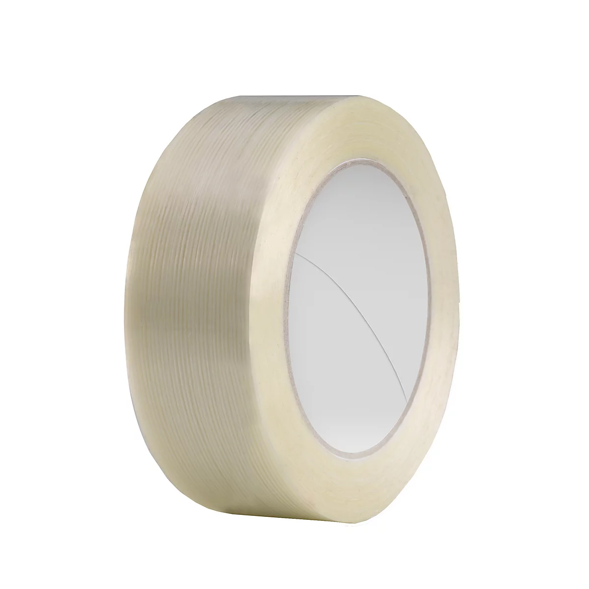 Eine Rolle transparentes Klebeband auf weißem Hintergrund.