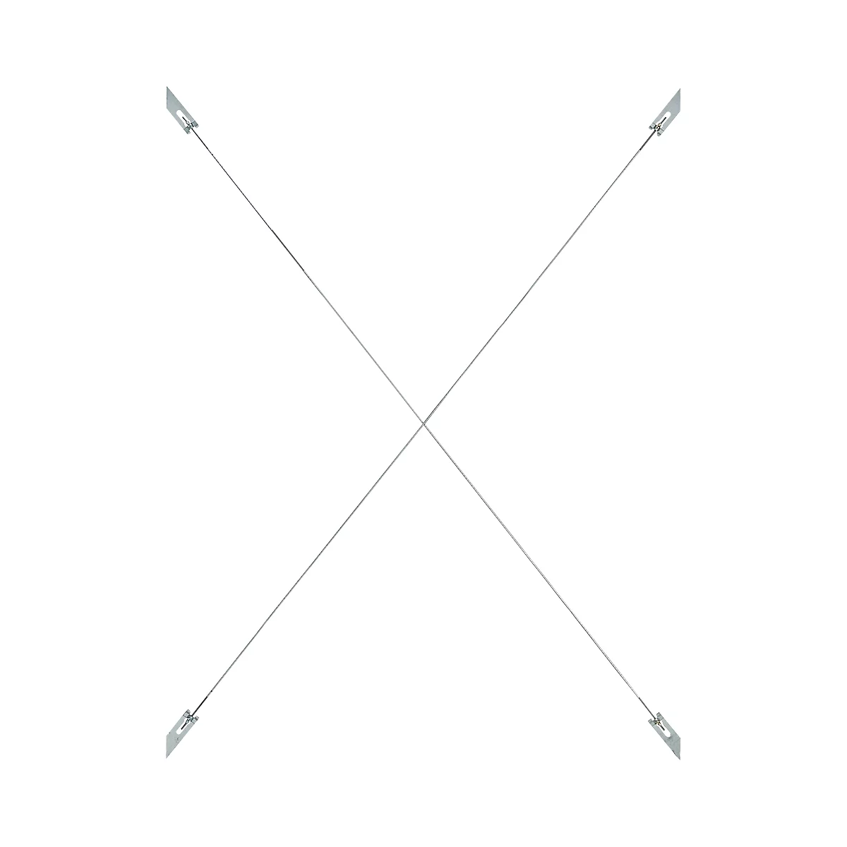 Zwei sich kreuzende Metallstreben, befestigt an kleinen Metallplatten, bilden ein X.