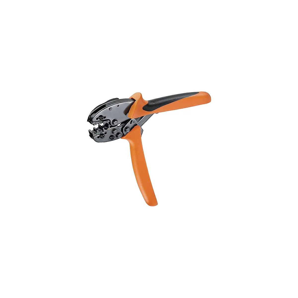 Krimptang met oranje handvatten en zwarte kop. Open weergegeven.