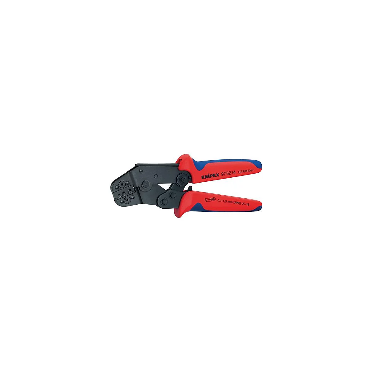 Een rood-blauwe krimptang, met het opschrift 'KNIPEX 975214 GERMANY'.
