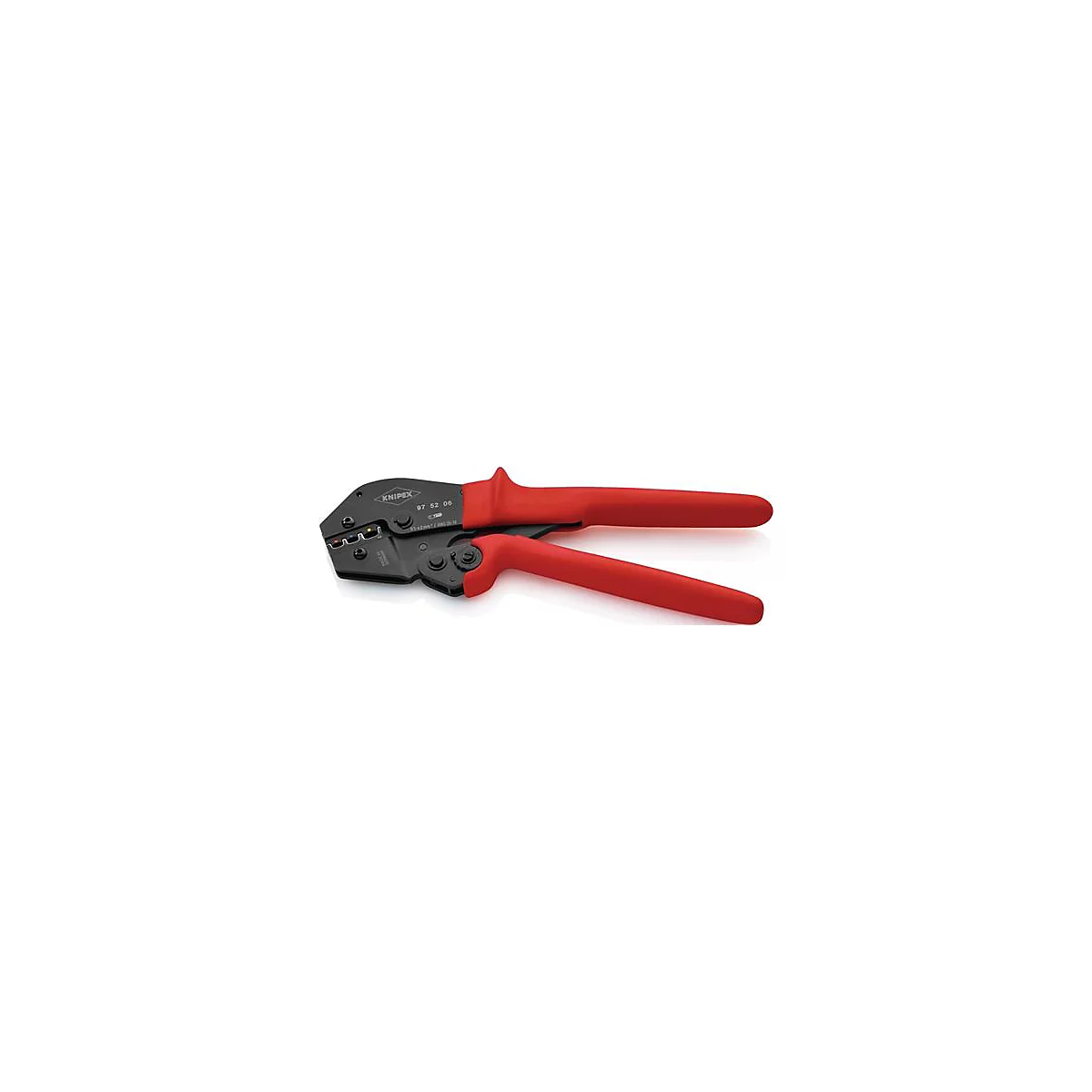Zwarte krimptang met rode handvatten. Gemarkeerd met 'KNIPEX 97 52 06' op de tangkop.