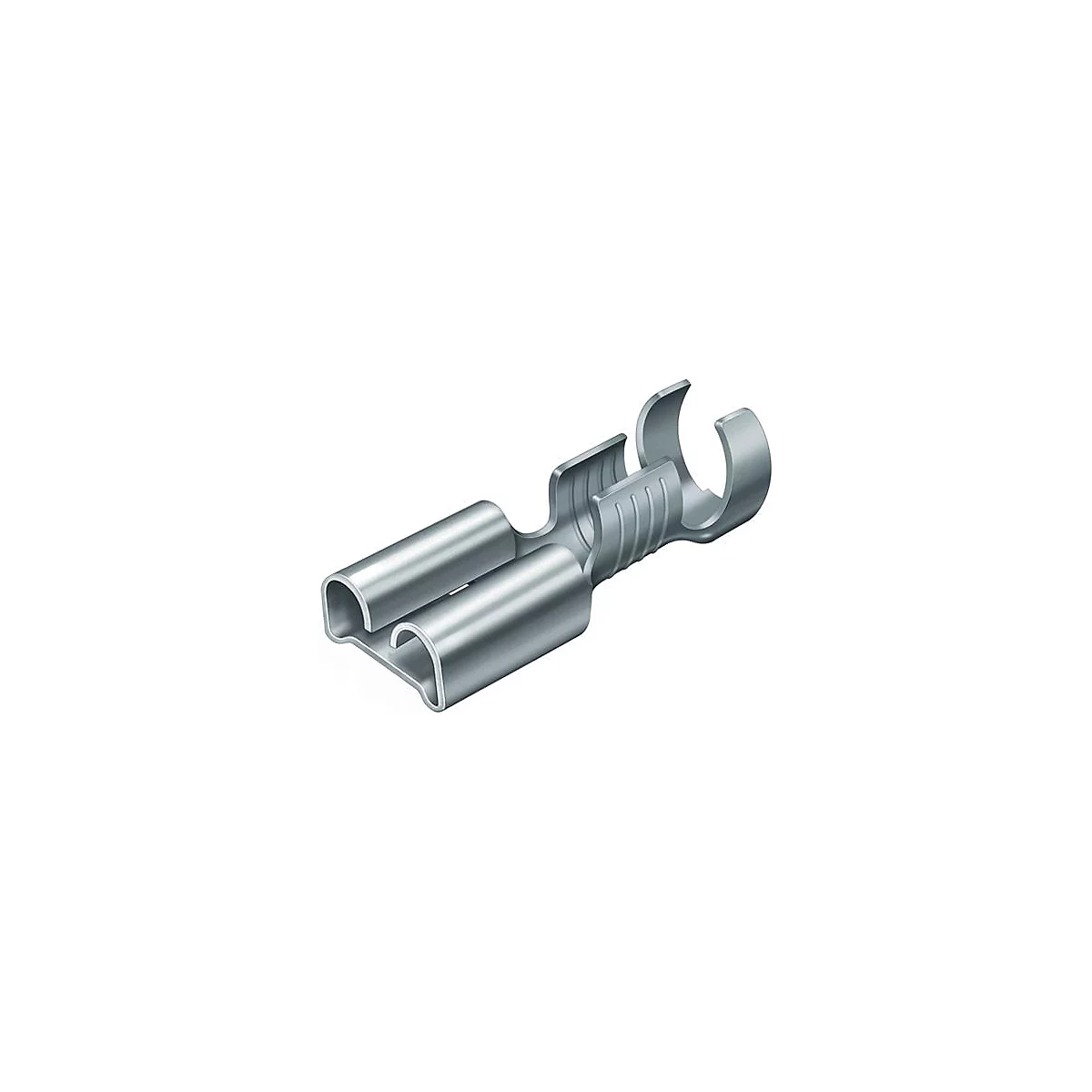 Geïsoleerde zilverkleurige metalen contrastekker met twee cilindrische opnames en een U-vormige connector.