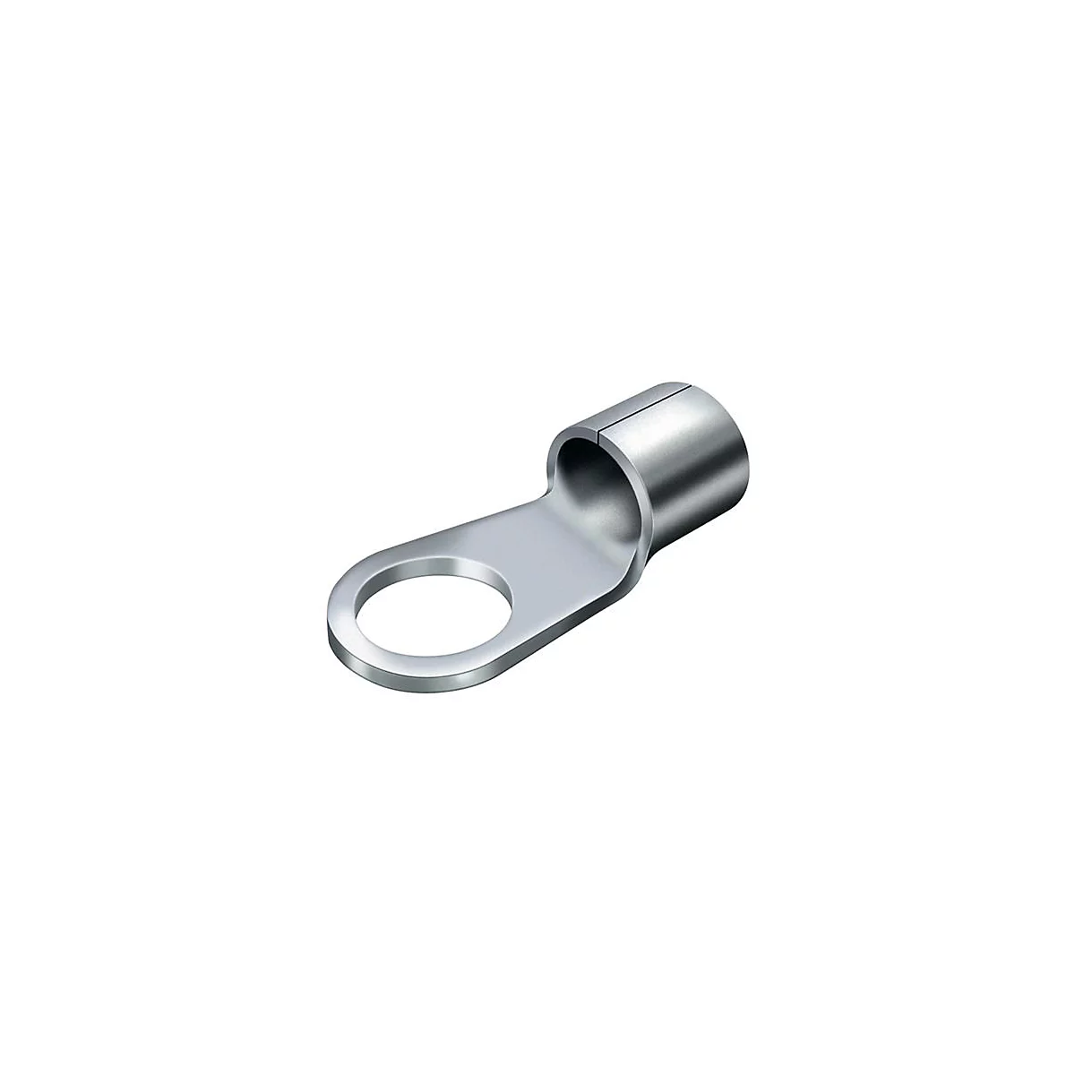 Een metalen ringkabeloog met een rond gat en cilindrische connector.