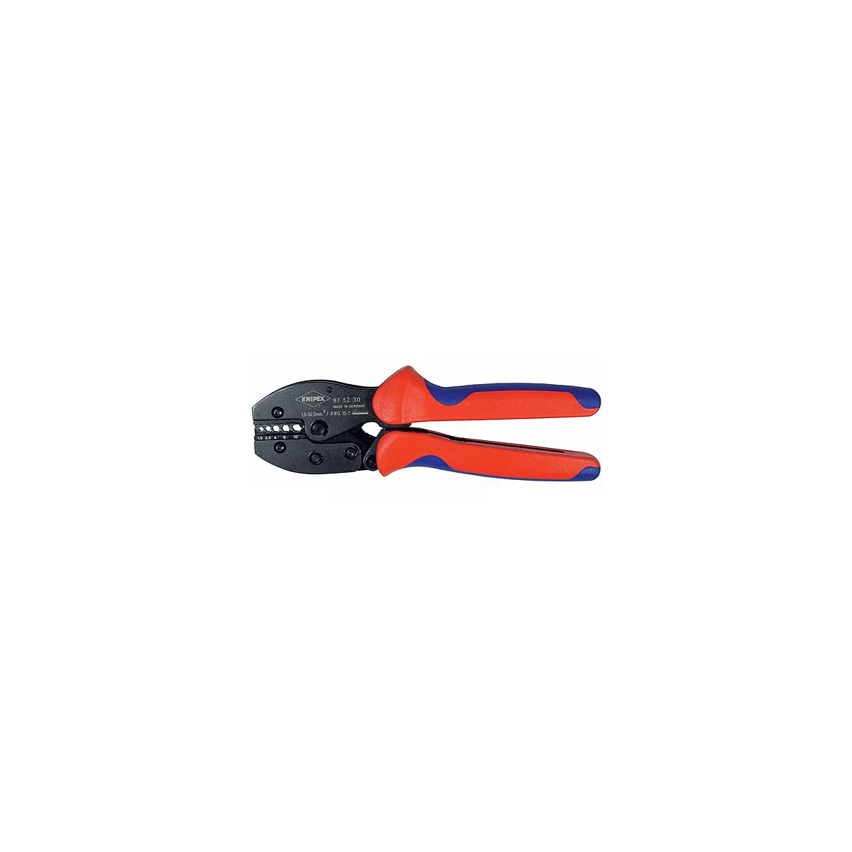 Krimptang met rode en blauwe handgrepen. Zwarte kop, zilveren belettering. Detail: "KNIPEX 97 52 30"