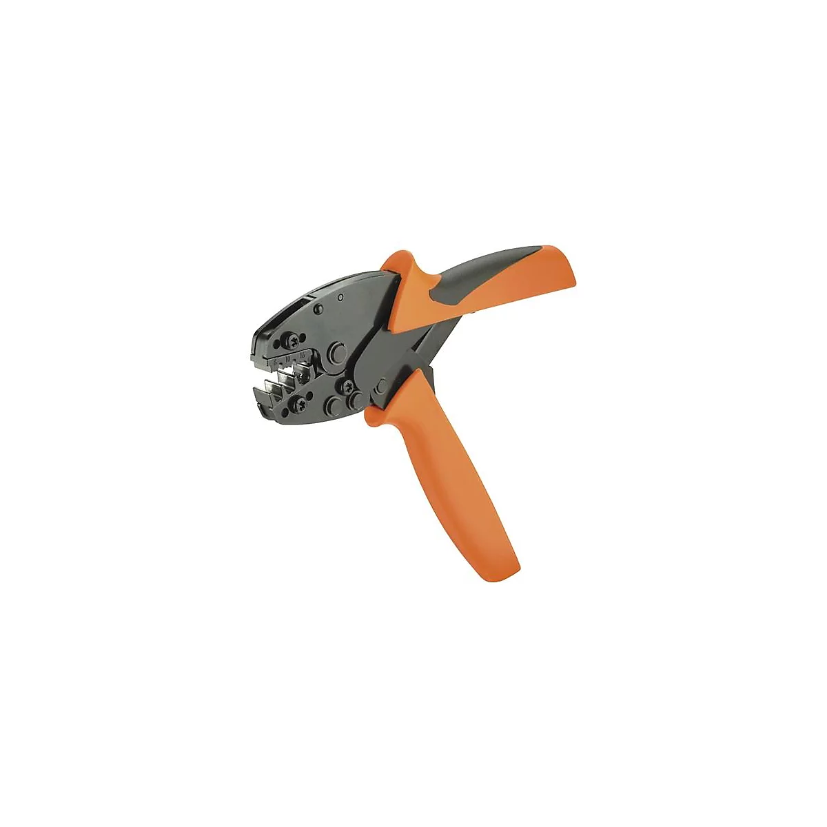 Krimptang met oranje handvatten en zwarte kop.