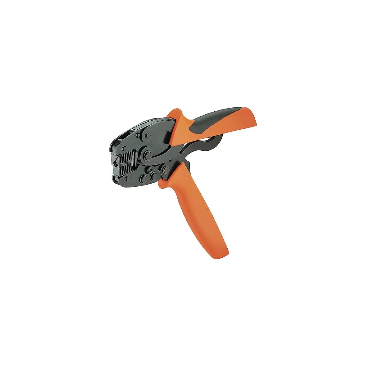 Een krimptang met oranje handvatten en zwarte kop, geïsoleerd op witte achtergrond.