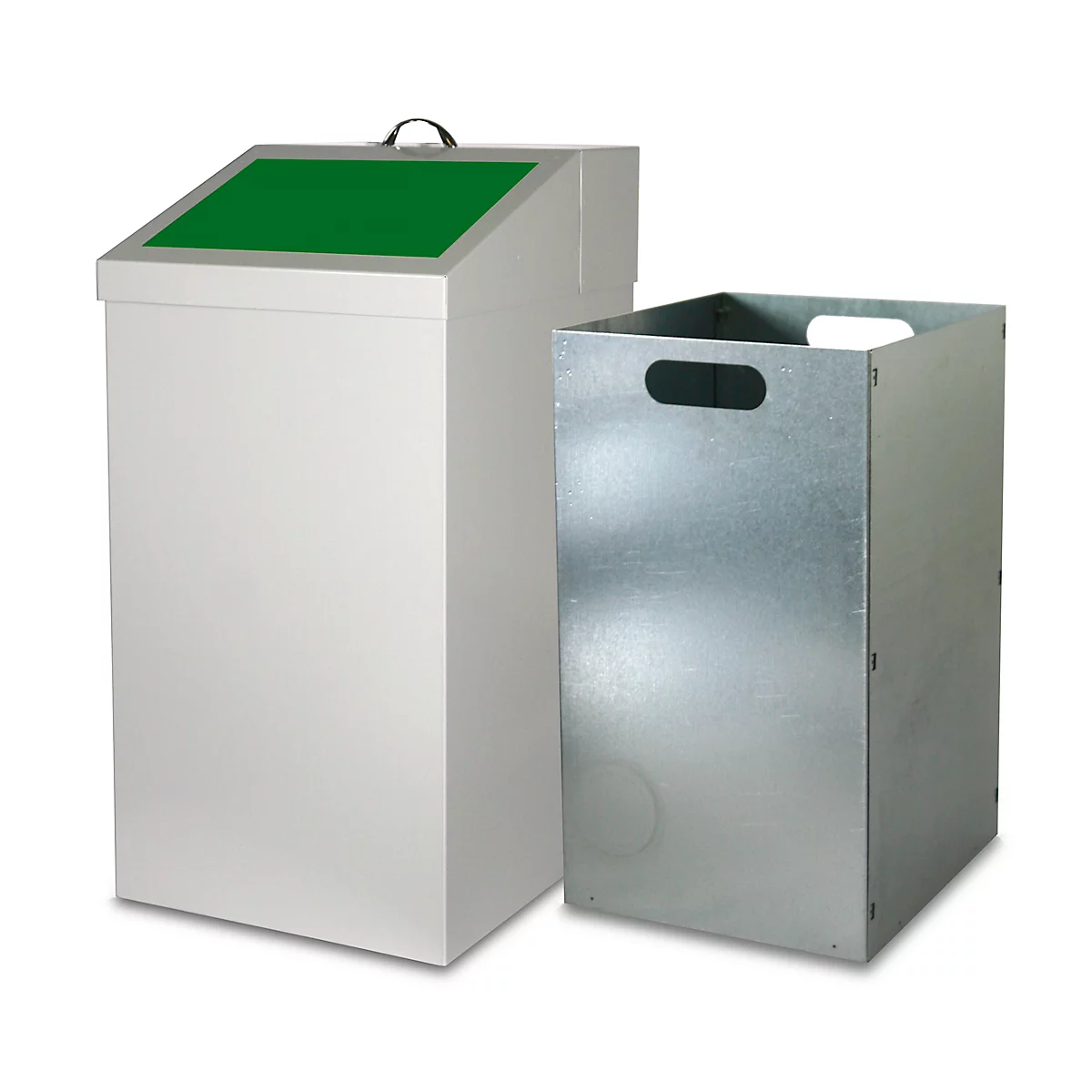 Twee vuilnisbakken: één witte met een groen deksel en handvat, en een metaalkleurige container.
