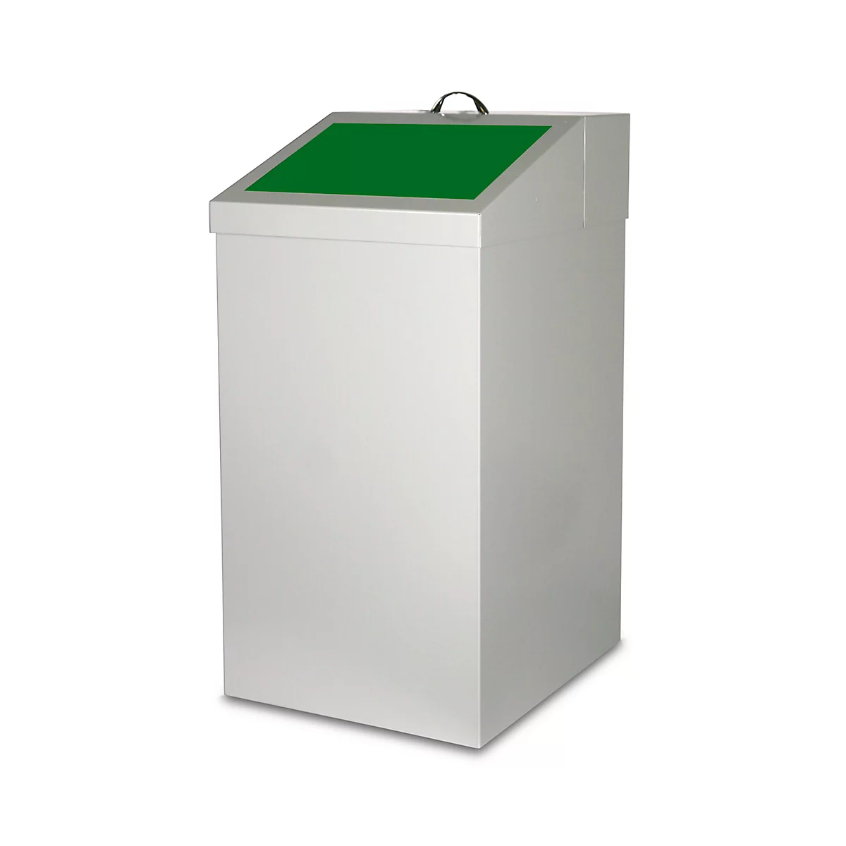 Witte prullenbak met groen deksel en handvat. Het deksel is licht hellend.