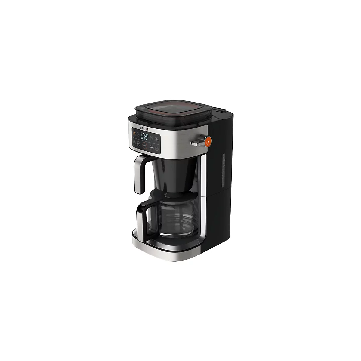 Krupps Kaffeemaschine mit digitalem Display, Edelstahlgehäuse und Glaskanne auf weißem Hintergrund.