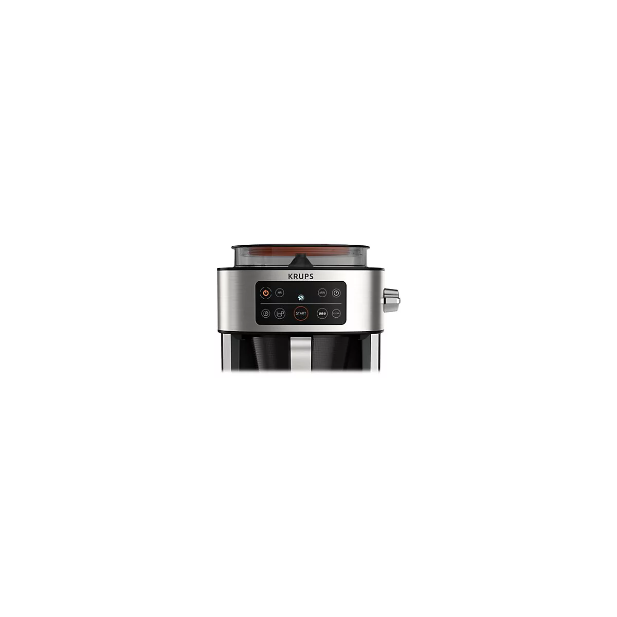 Nahaufnahme der Bedienoberfläche einer silber-schwarzen Krups Kaffeemaschine mit Touch-Tasten.