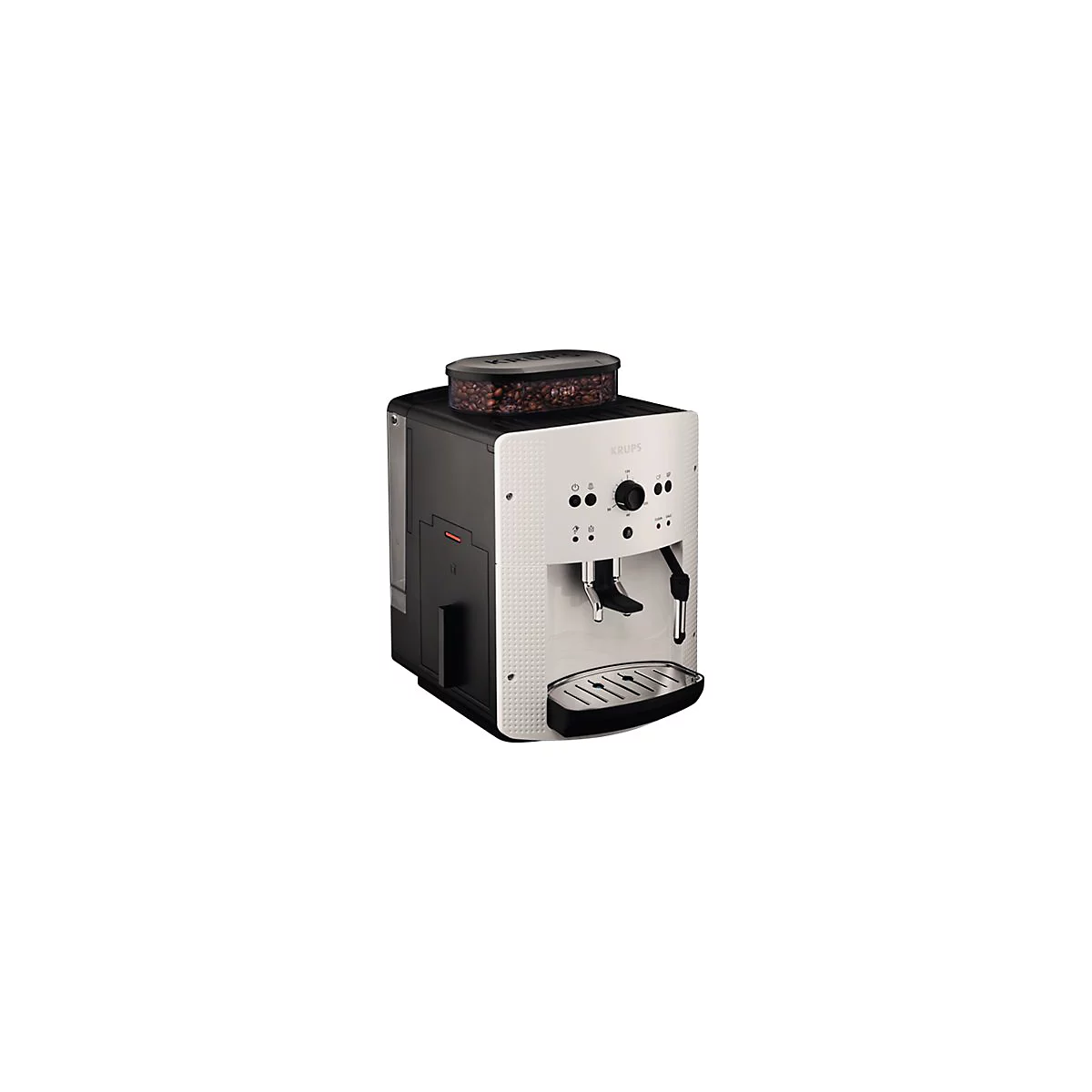 Krups Kaffeevollautomat in Schwarz und Weiß mit Bohnenbehälter vor neutralem Hintergrund.