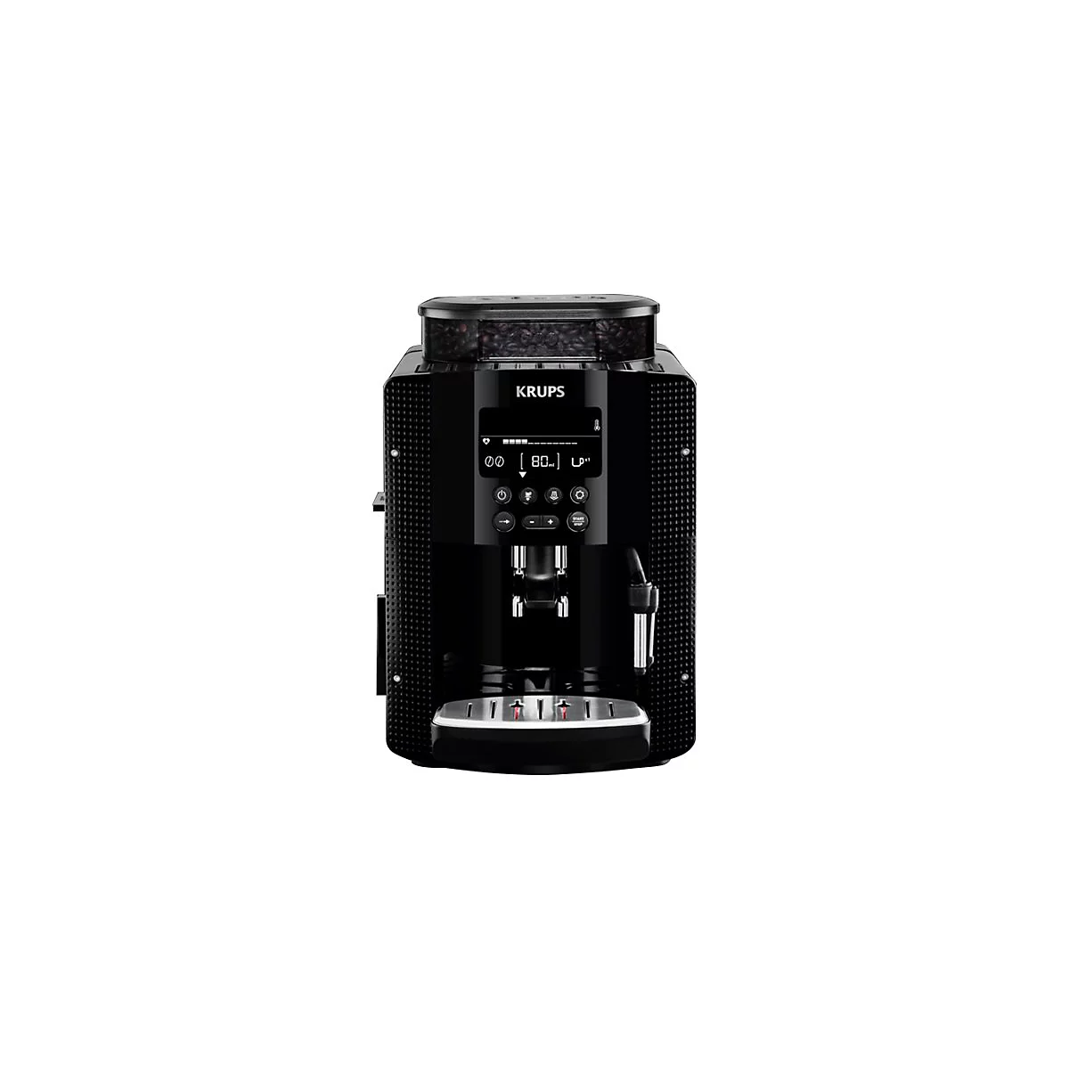 Schwarzer Krups Kaffeevollautomat mit digitalem Display und Bohnenbehälter vor weißem Hintergrund.