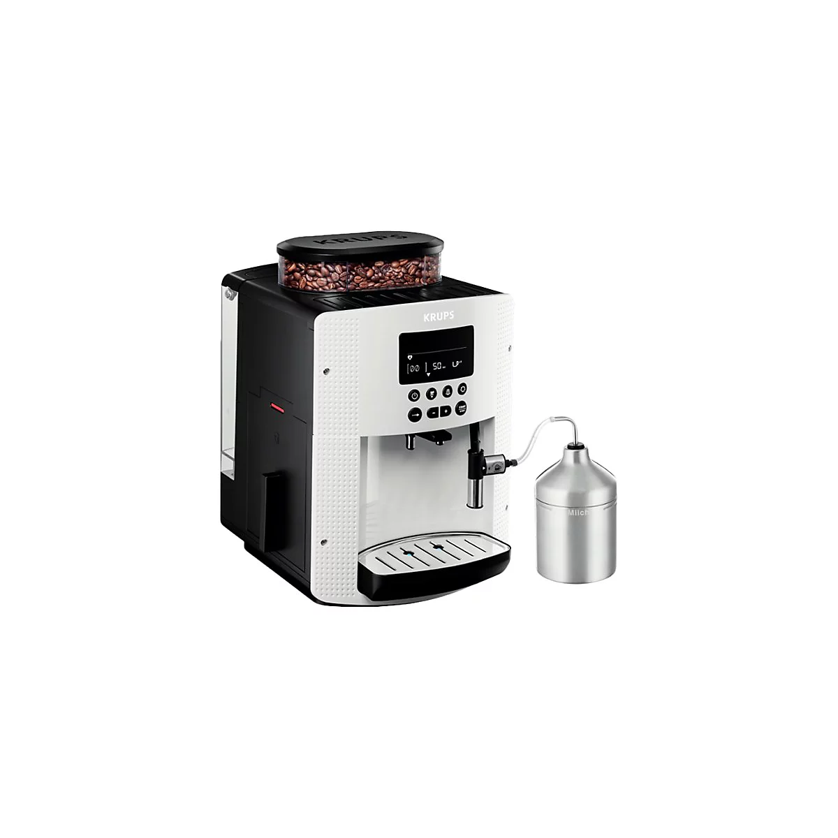 Krups Kaffeevollautomat in Weiß und Schwarz mit Bohnenbehälter und externem Edelstahl-Milchbehälter.