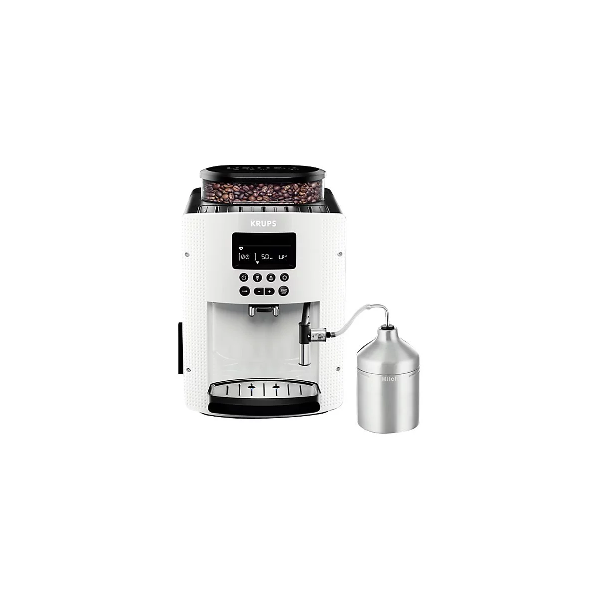 Weiße Krups Kaffeevollautomat mit Bohnenbehälter, Display, Tasten und separatem Edelstahl-Milchbehälter vor weißem Hintergrund.