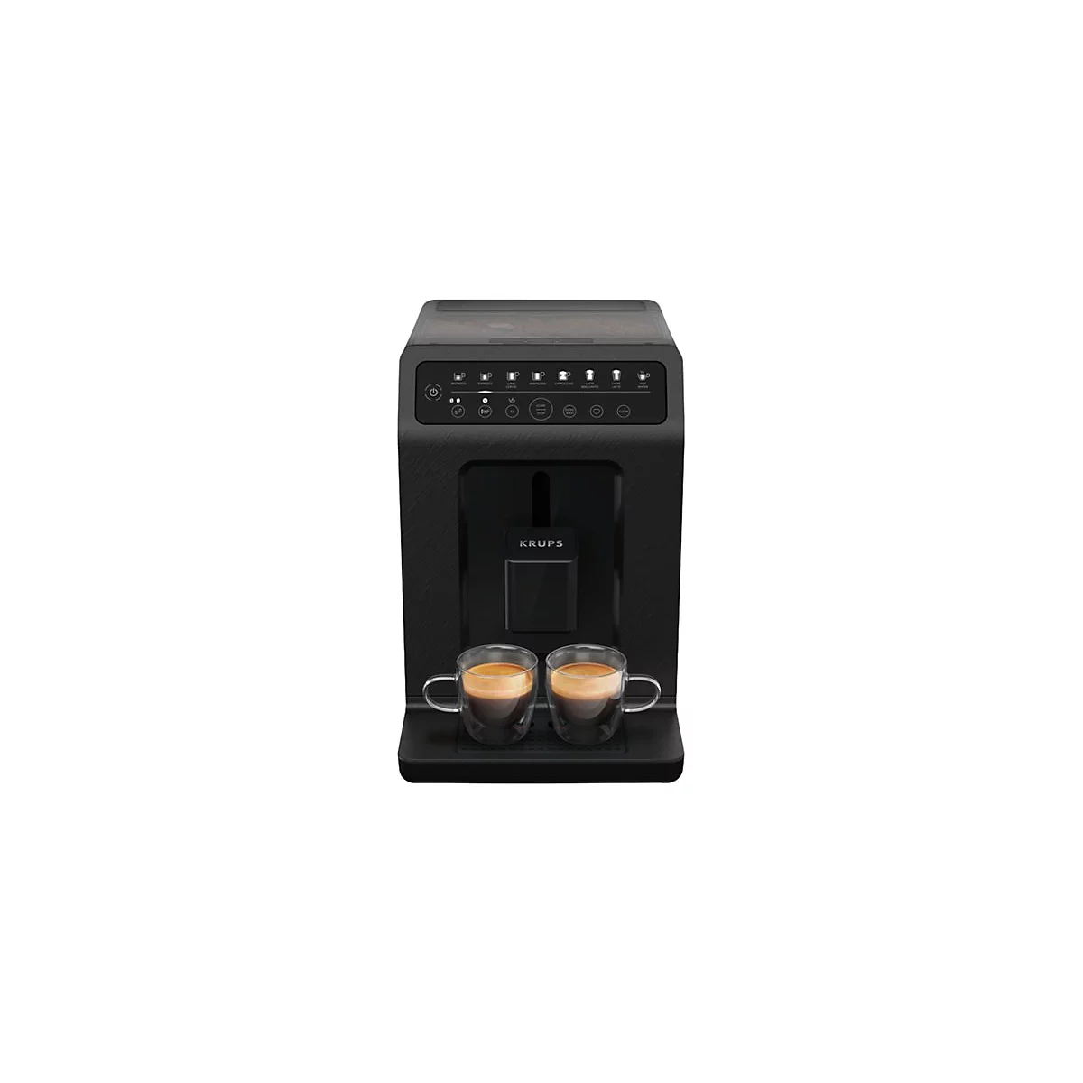 Schwarzer Krups Kaffeevollautomat mit zwei Kaffeetassen auf einer Abtropfschale vor weißem Hintergrund.