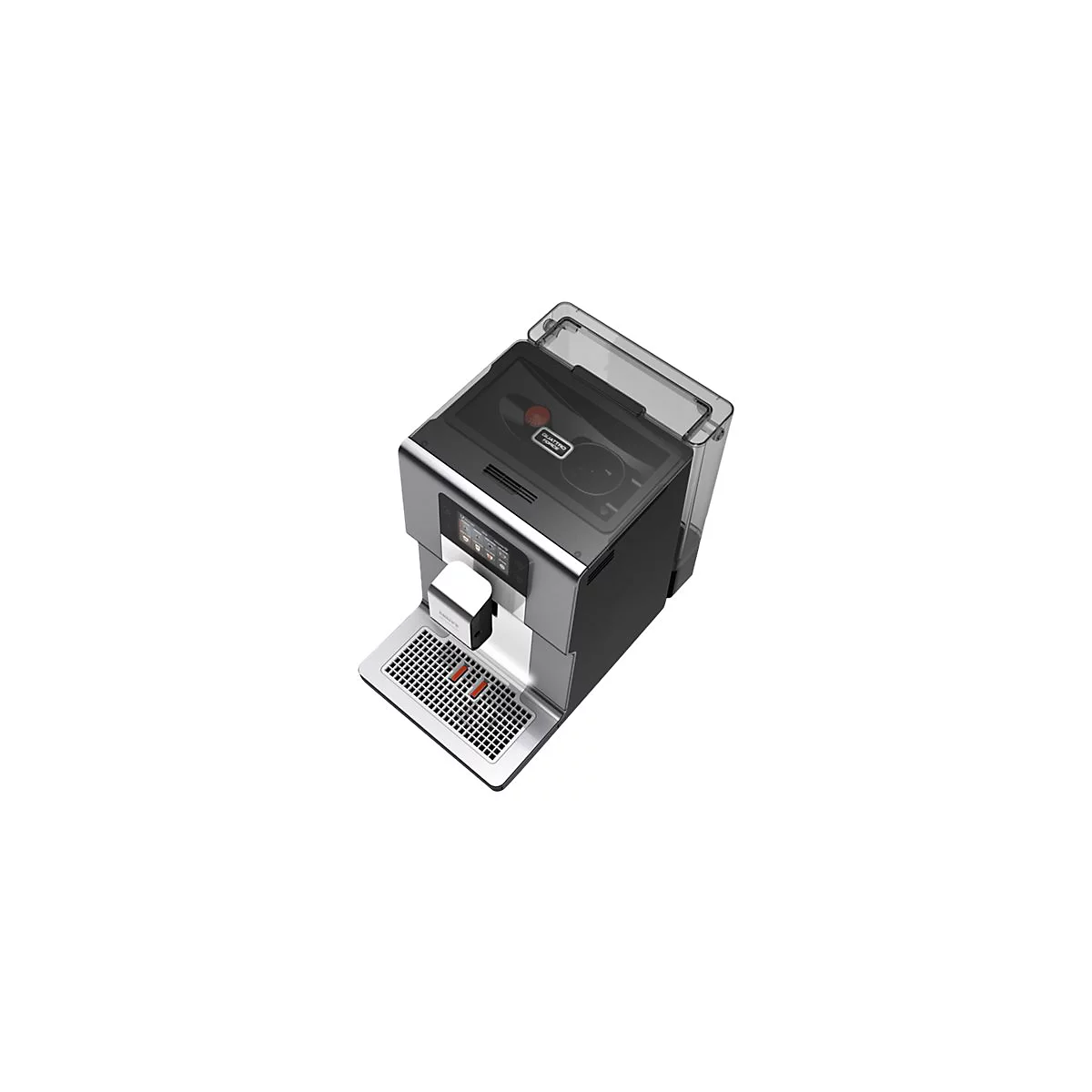 Krups Kaffeevollautomat in Schwarz und Silber aus der Vogelperspektive mit Touch-Display und Abtropfschale.