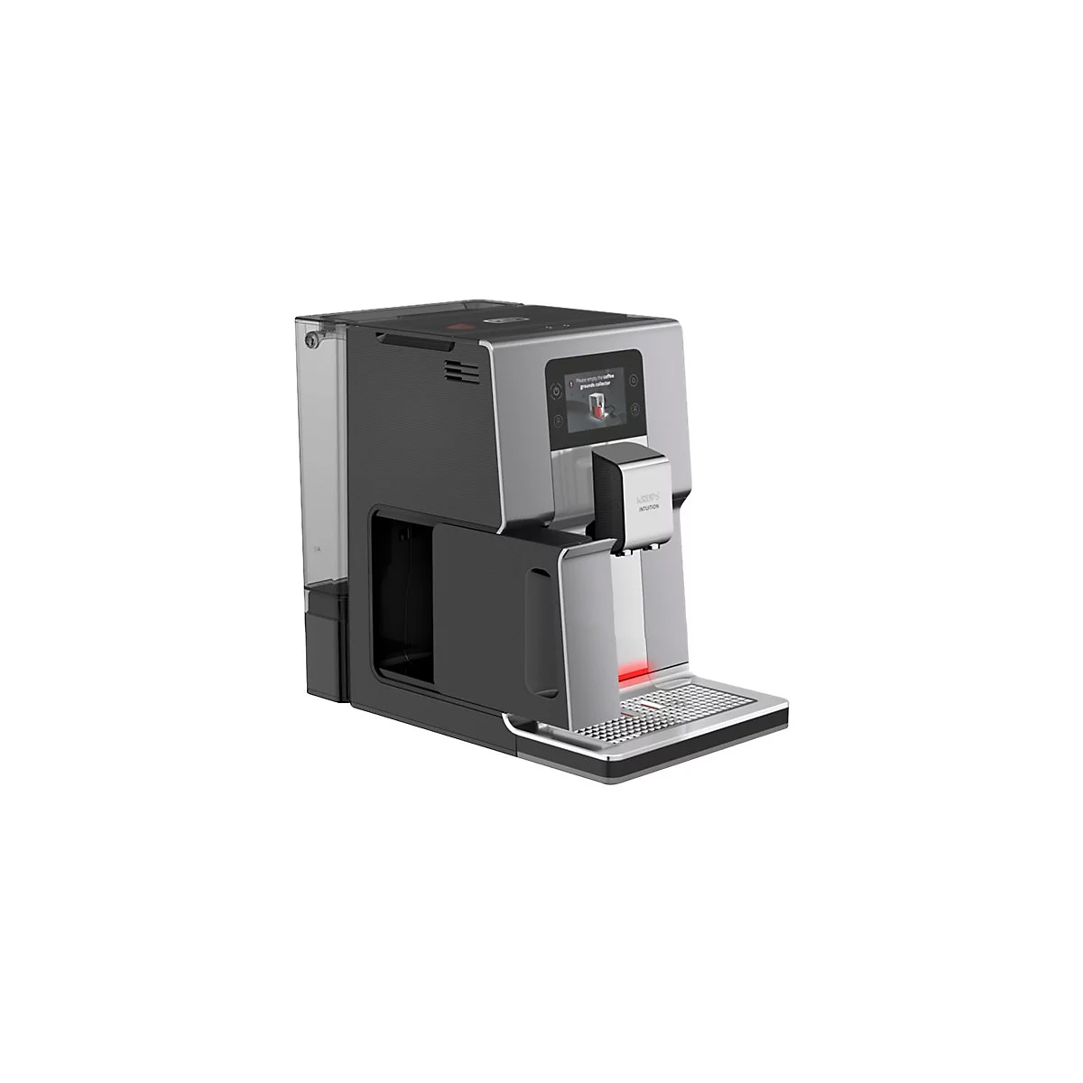 Krups Intuition Kaffeevollautomat in Silber und Schwarz auf weißem Hintergrund mit Touch-Display.