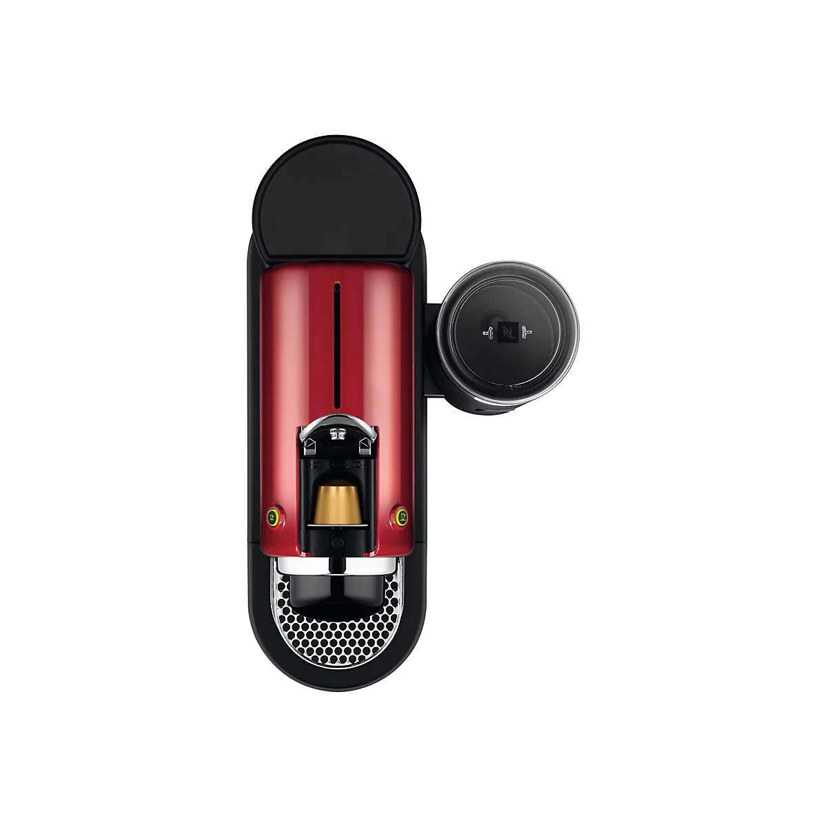 Draufsicht einer roten Nespresso-Kaffeemaschine mit Kapselhalter auf weißem Hintergrund.