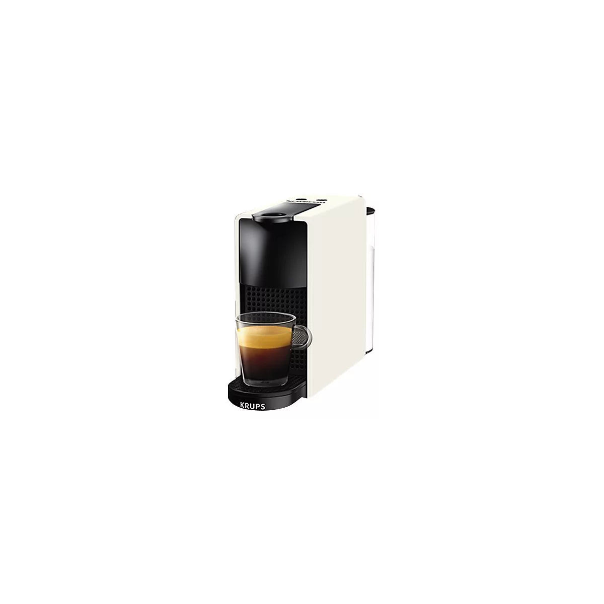 Krups Kaffeemaschine in Beige mit schwarzer Front und einer gefüllten Espressotasse vor weißem Hintergrund.
