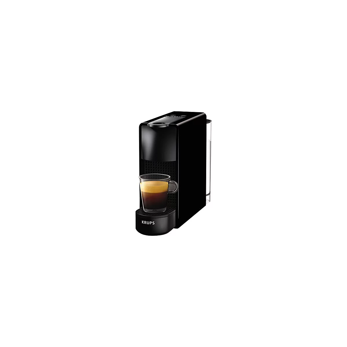 Schwarze Krups Nespresso Kaffeekapselmaschine mit einer Tasse Espresso auf einem weißen Hintergrund.