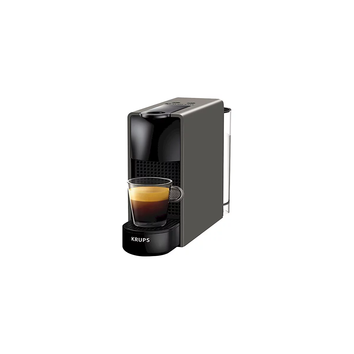 Graue Krups Kaffeekapselmaschine mit einer Tasse Espresso auf einer Tropfschale vor neutralem Hintergrund.