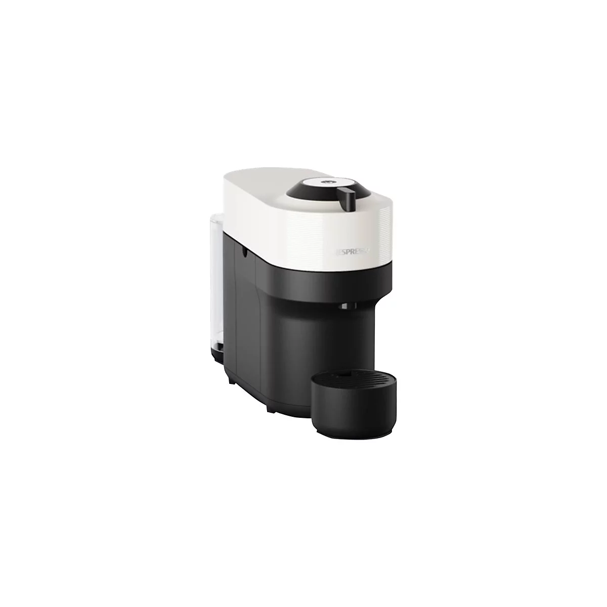 Kompakte, weiß-schwarze Nespresso-Kaffeemaschine vor weißem Hintergrund.