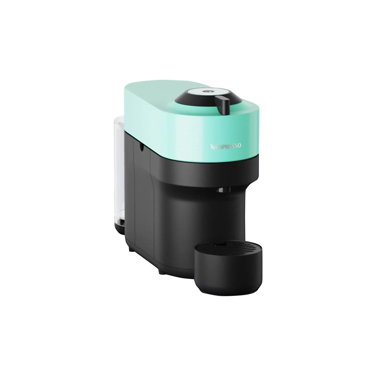 Mintgrüne und schwarze Nespresso Kaffeemaschine vor weißem Hintergrund.