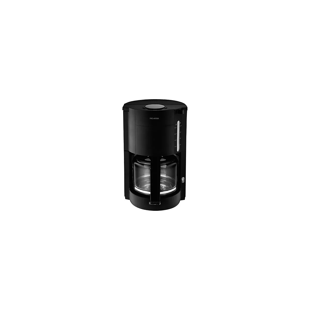 Schwarze Krups Pro Aroma Kaffeemaschine mit Glaskanne vor weißem Hintergrund.
