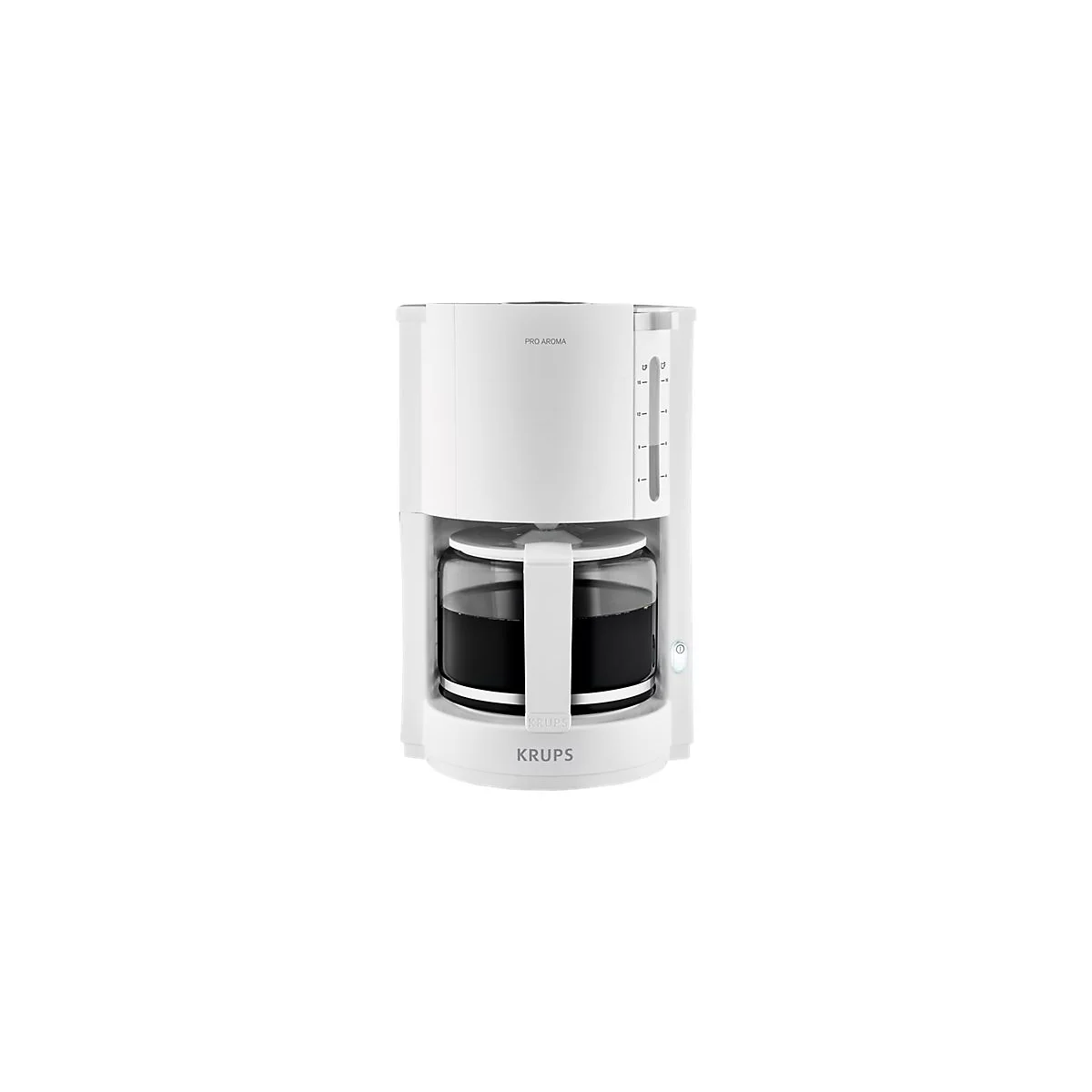 Weiße Krups Pro Aroma Kaffeemaschine mit Glaskanne auf weißem Hintergrund.