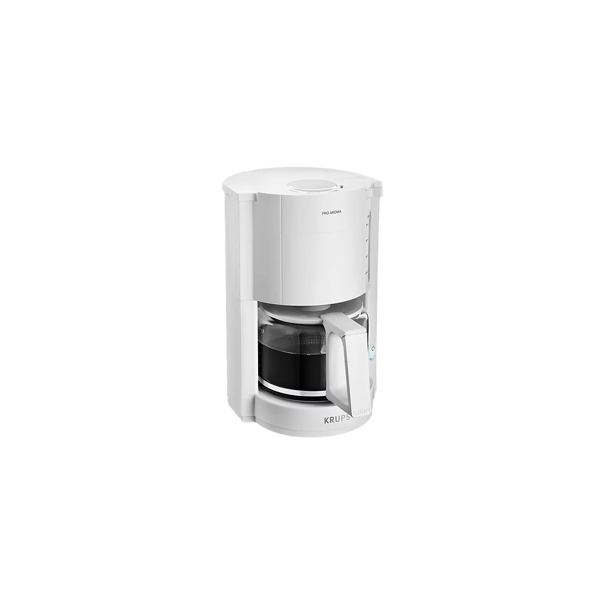 Weiße Krups Kaffeemaschine mit Glaskanne vor neutralem Hintergrund.