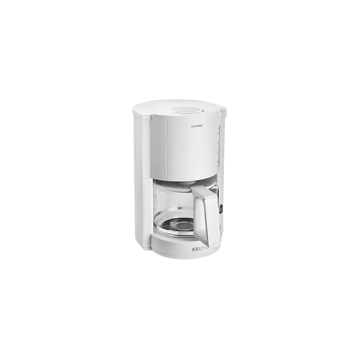 Weiße Krups Pro Aroma Filterkaffeemaschine mit Glaskanne vor weißem Hintergrund.