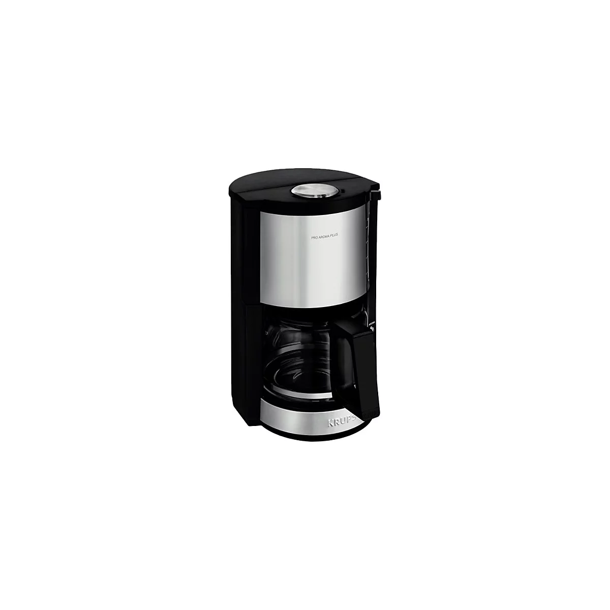 Schwarze Krups Kaffeemaschine mit silbernen Akzenten vor weißem Hintergrund.