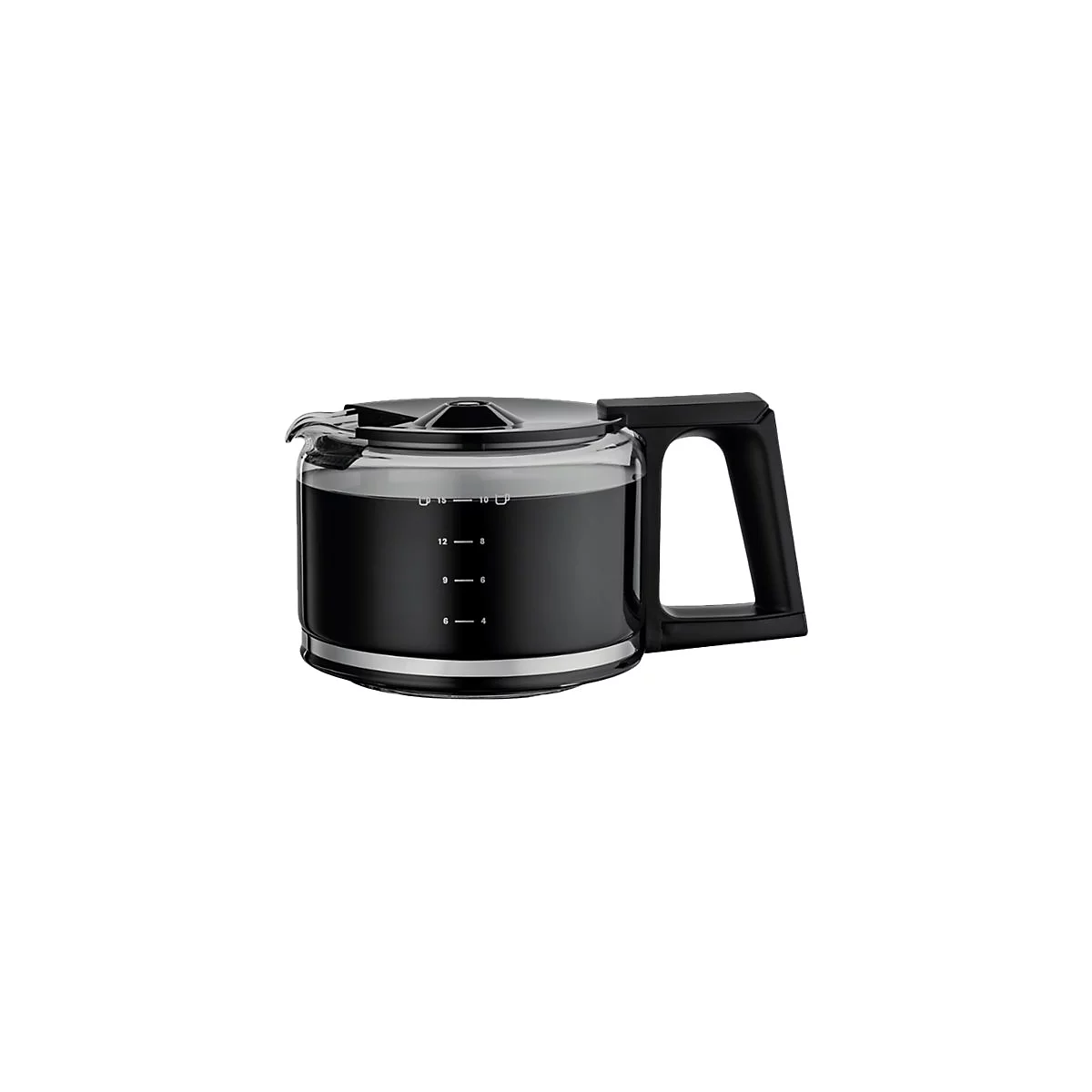 Schwarze Glaskanne einer Kaffeemaschine mit Füllstandsanzeige und Kunststoffgriff vor weißem Hintergrund.