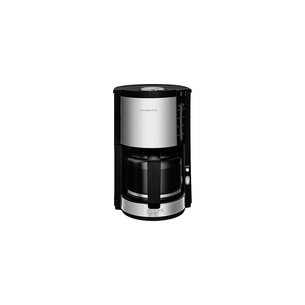 Kaffeemaschine Krups Pro Aroma Plus in Schwarz und Silber vor weißem Hintergrund.