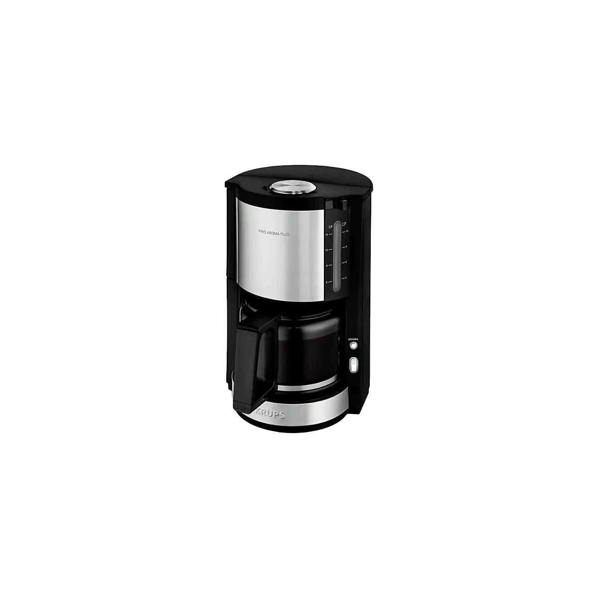 Krups Kaffeemaschine Pro Aroma Plus in Schwarz und Edelstahl vor weißem Hintergrund.