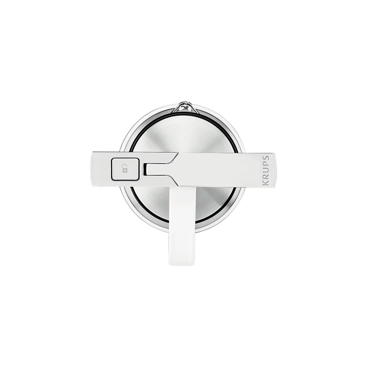 Draufsicht auf den Deckel eines Krups Wasserkochers mit einem Verriegelungsknopf und weißem Griff.