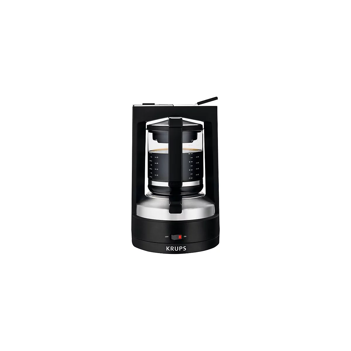 Kaffeemaschine von Krups in Schwarz und Edelstahl vor weißem Hintergrund.