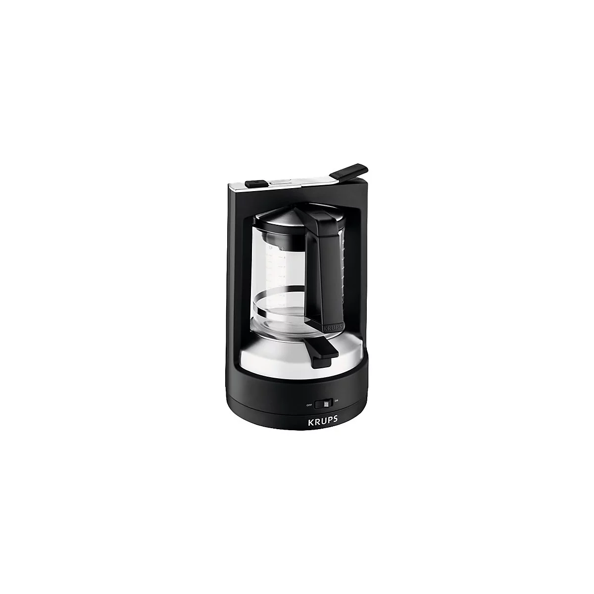 Schwarze Krups Kaffeemaschine mit Glaskanne vor weißem Hintergrund.
